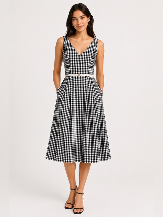 cleo Dresses & Skirts - Cleo Black White Gingham Fit Flare Midi Dress A-Line Pockets Sleeveless Size 14